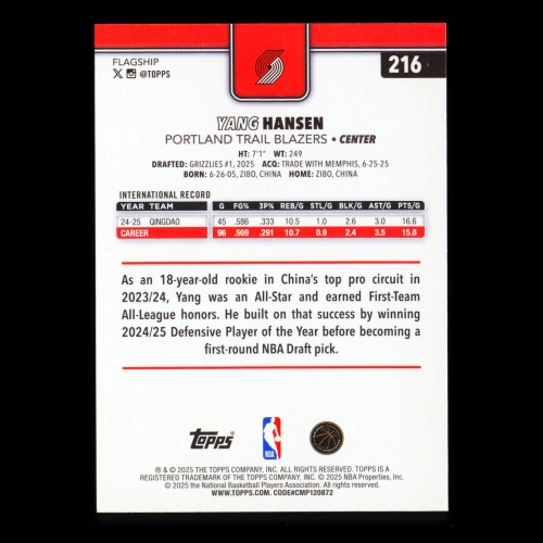 Yang Hansen RC 2025-26 Topps Rookie Trail Blazers