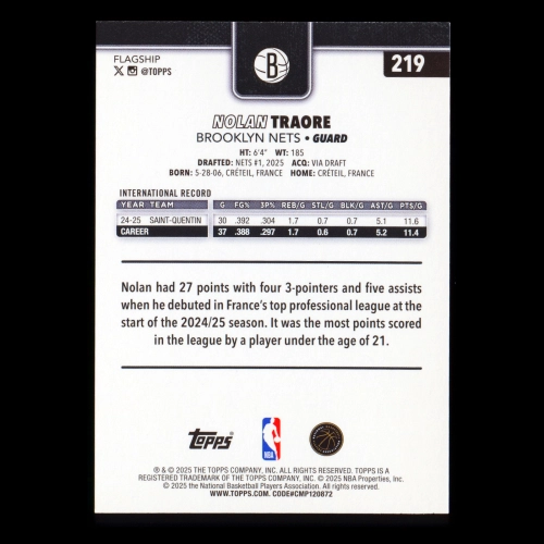 Nolan Traore RC 2025-26 Topps Rookie Nets