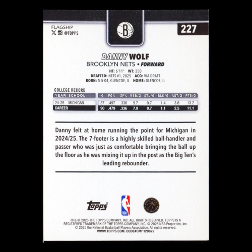 Danny Wolf RC 2025-26 Topps Rookie Nets