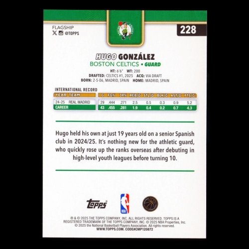 Hugo Gonzlez RC 2025-26 Topps Rookie Celtics