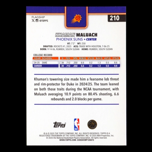 Khaman Maluach RC 2025-26 Topps Rookie Suns