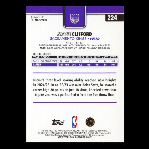 Nique Clifford RC 2025-26 Topps Rookie Kings