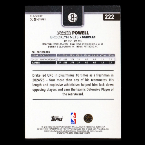 Drake Powell RC 2025-26 Topps Rookie Nets