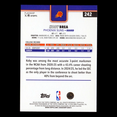 Koby Brea RC 2025-26 Topps Rookie Suns