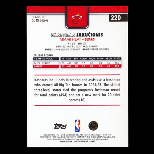 Kasparas Jakuionis RC 2025-26 Topps Rookie Heat