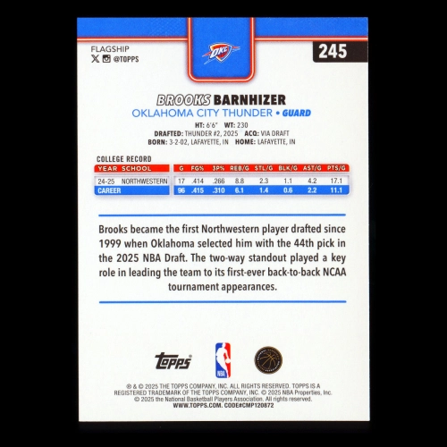 Brooks Barnhizer RC 2025-26 Topps Rookie Thunder