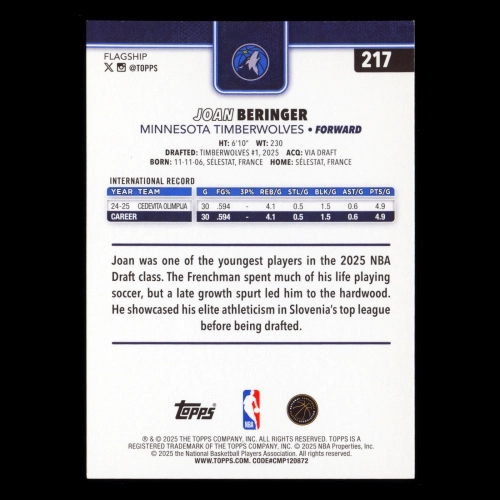Joan Beringer RC 2025-26 Topps Rookie Timberwolves