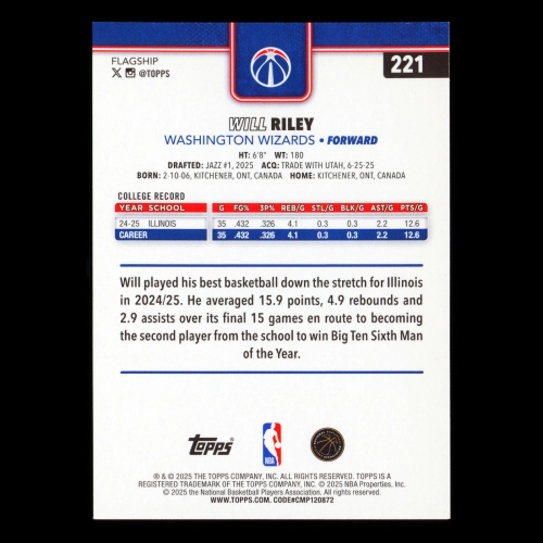Will Riley RC 2025-26 Topps Rookie Wizards