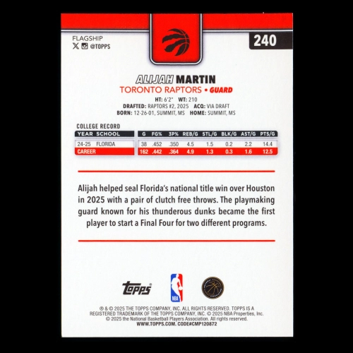Alijah Martin RC 2025-26 Topps Rookie Raptors