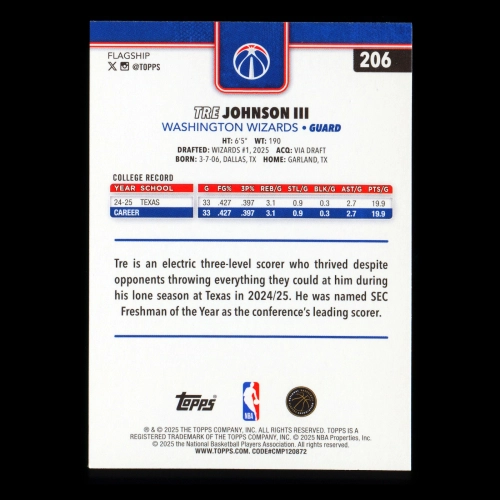 Tre Johnson III RC 2025-26 Topps Rookie Wizards