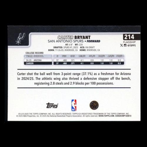 Carter Bryant RC 2025-26 Topps Rookie Spurs