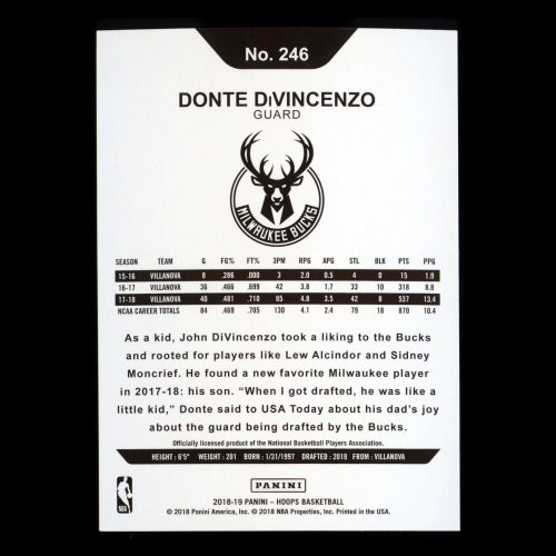 Donte DiVincenzo RC 2018-19 Panini NBA Hoops Rookie Bucks