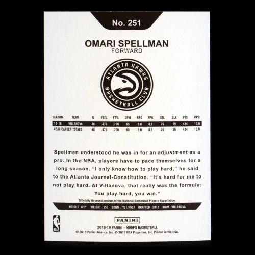 Omari Spellman RC 2018-19 Panini NBA Hoops Rookie Hawks