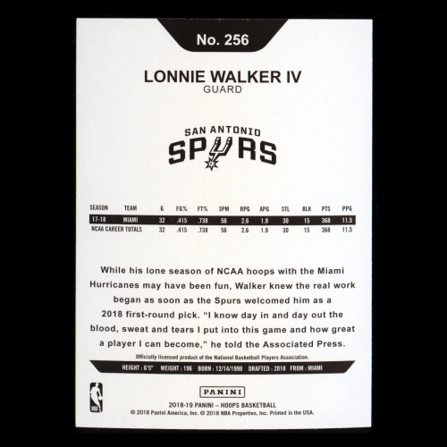Lonnie Walker IV RC 2018-19 Panini NBA Hoops Rookie Spurs