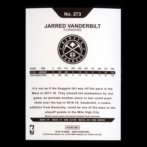 Jarred Vanderbilt RC 2018-19 Panini NBA Hoops Rookie Nuggets
