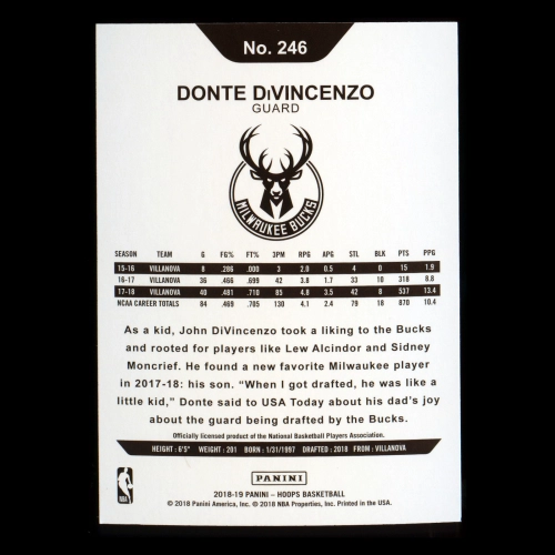 Donte DiVincenzo RC 2018-19 Panini NBA Hoops Rookie Bucks