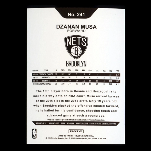 Dzanan Musa RC 2018-19 Panini NBA Hoops Rookie Nets