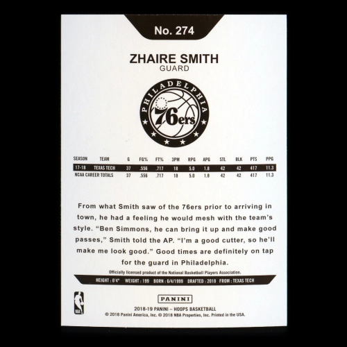 Zhaire Smith RC 2018-19 Panini NBA Hoops Rookie 76ers