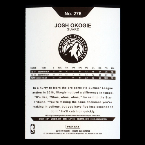 Josh Okogie RC 2018-19 Panini NBA Hoops Rookie Timberwolves