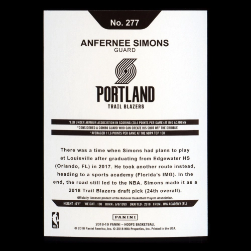 Anfernee Simons RC 2018-19 Panini NBA Hoops Rookie Trail Blazers