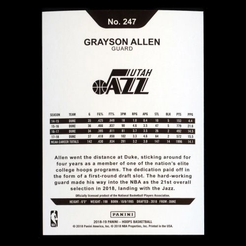Grayson Allen RC 2018-19 Panini NBA Hoops Rookie Jazz
