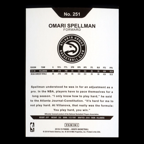 Omari Spellman RC 2018-19 Panini NBA Hoops Rookie Hawks