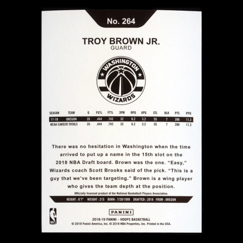 Troy Brown Jr. RC 2018-19 Panini NBA Hoops Rookie Wizards