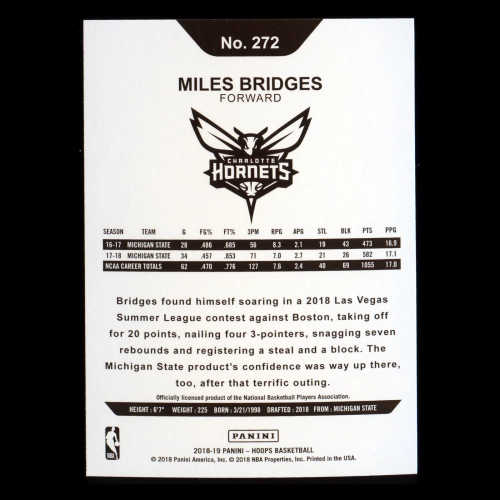 Miles Bridges RC 2018-19 Panini NBA Hoops Rookie Hornets