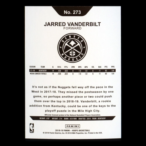 Jarred Vanderbilt RC 2018-19 Panini NBA Hoops Rookie Nuggets