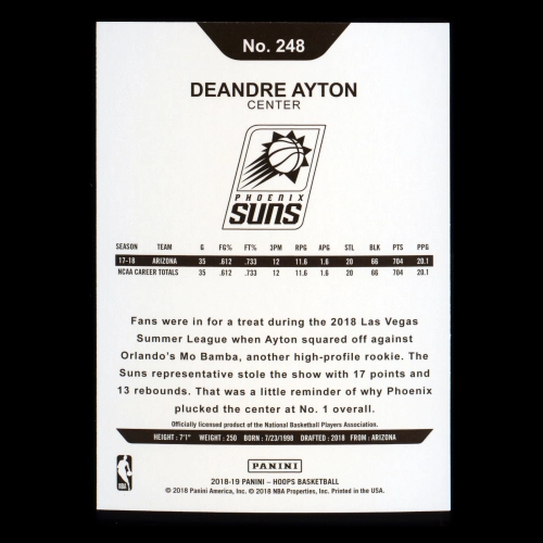 Deandre Ayton RC 2018-19 Panini NBA Hoops Rookie Suns