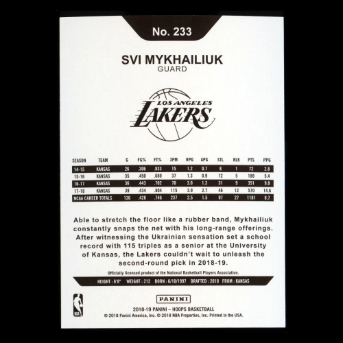 Svi Mykhailiuk RC 2018-19 Panini NBA Hoops Rookie Lakers