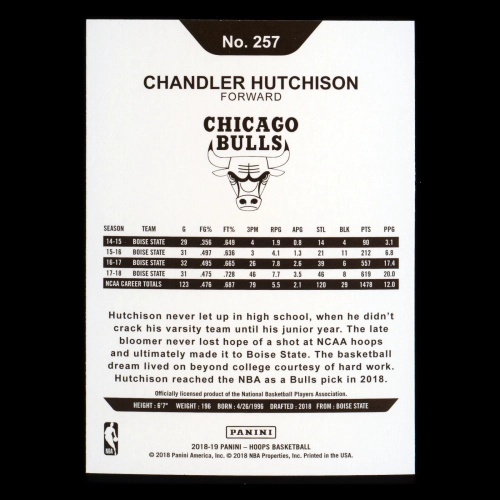 Chandler Hutchison RC 2018-19 Panini NBA Hoops Rookie Bulls