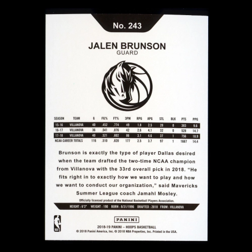 Jalen Brunson RC 2018-19 Panini NBA Hoops Rookie Mavericks
