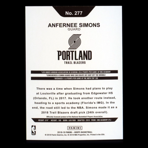 Anfernee Simons RC 2018-19 Panini NBA Hoops Rookie Trail Blazers