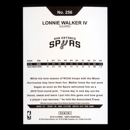 Lonnie Walker IV RC 2018-19 Panini NBA Hoops Rookie Spurs