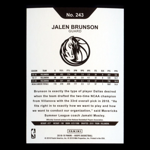 Jalen Brunson RC 2018-19 Panini NBA Hoops Rookie Mavericks