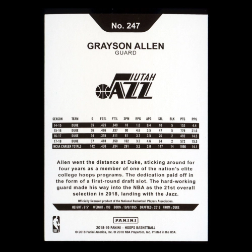 Grayson Allen RC 2018-19 Panini NBA Hoops Rookie Jazz
