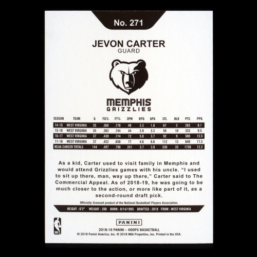 Jevon Carter RC 2018-19 Panini NBA Hoops Rookie Grizzlies
