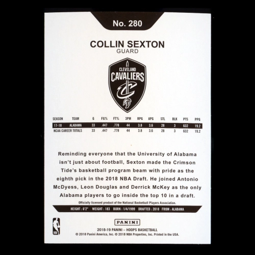 Collin Sexton RC 2018-19 Panini NBA Hoops Rookie Cavaliers