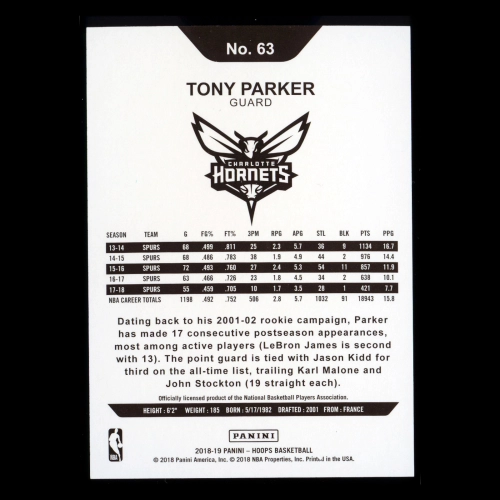 Tony Parker 2018-19 Hoops Silver Hornets 152/199