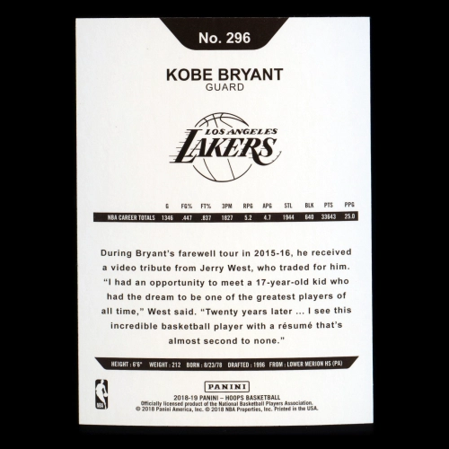 Kobe Bryant 2018-19 Panini NBA Hoops Tribute Lakers