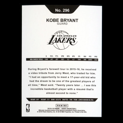 Kobe Bryant 2018-19 Panini NBA Hoops Tribute Lakers
