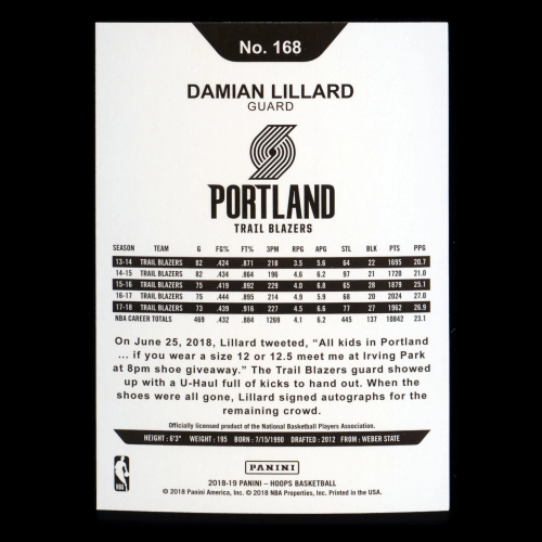 Damian Lillard 2018-19 Panini NBA Hoops Trail Blazers