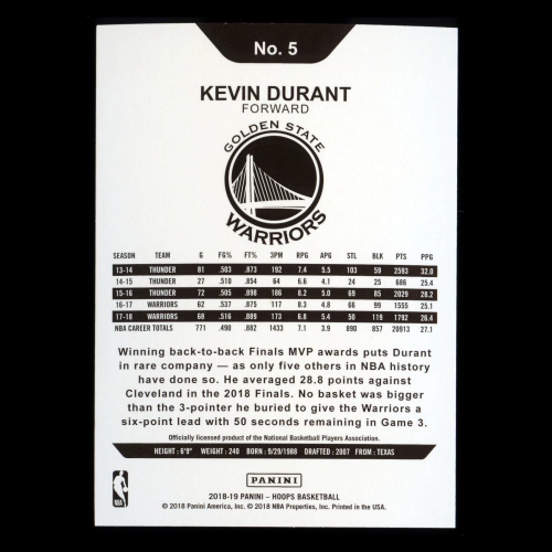 Kevin Durant 2018-19 Panini NBA Hoops Warriors