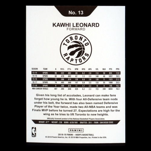 Kawhi Leonard 2018-19 Panini NBA Hoops Raptors