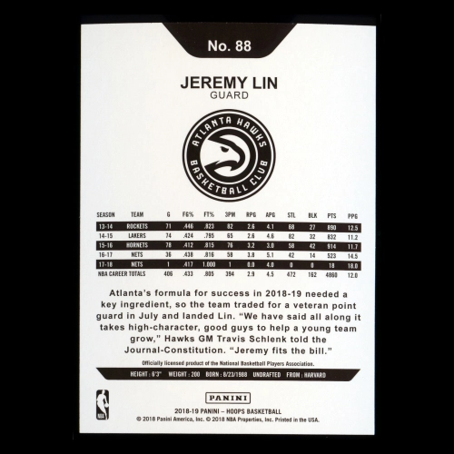 Jeremy Lin 2018-19 Panini NBA Hoops Hawks
