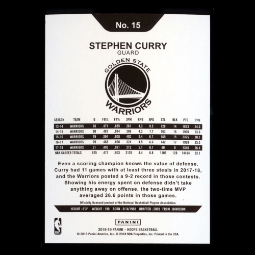 Stephen Curry 2018-19 Panini NBA Hoops Warriors