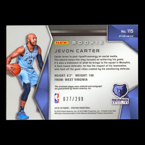 Jevon Carter RC 2018-19 Spectra JSY Auto Rookie Grizzlies 027/299