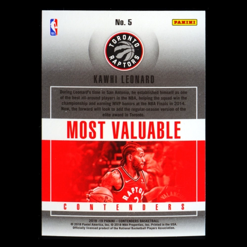 Kawhi Leonard 2018-19 Panini Contenders Most Valuable Contenders Raptors