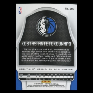 Kostas Antetokounmpo RC 2018-19 Certified Rookie Mavericks